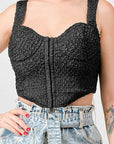 Crinkle Stretch Knit Sweetheart Hooked Bustier Cropped Top