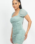 Ruched Square Neck Mesh Sleeve Dress