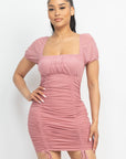 Ruched Square Neck Mesh Sleeve Dress