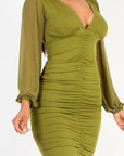 Ruched mesh long sleeve v-neck mini dress