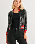 Black & Red Ribbed Vegan Leather Bomber Jacket