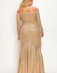 Plus Long Sleeve Off Shoulder Sequin Fabric (metallic) Party Maxi Dress
