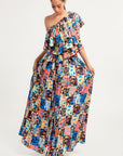 Printed Ruffle Top And Pleated Skirt Set