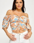 Floral Print Lace Up Ruched Crop Top