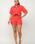Front Button Down Side Pockets Top And Shorts Set