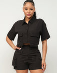 Front Button Down Side Pockets Top And Shorts Set